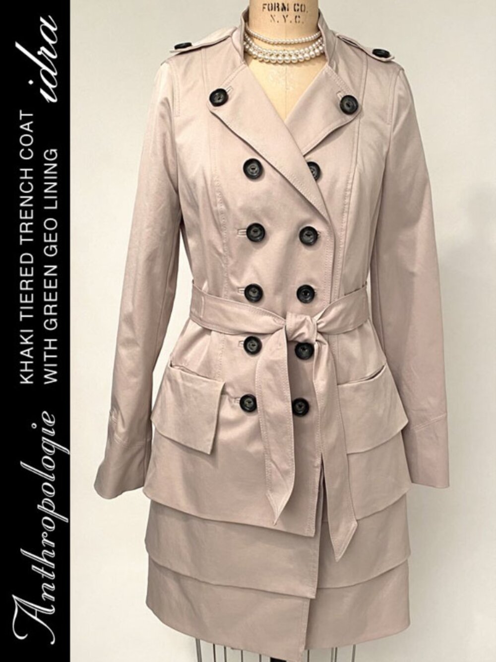Anthropologie Khaki Tiered Trench Coat With Green Geo Lining Size 8